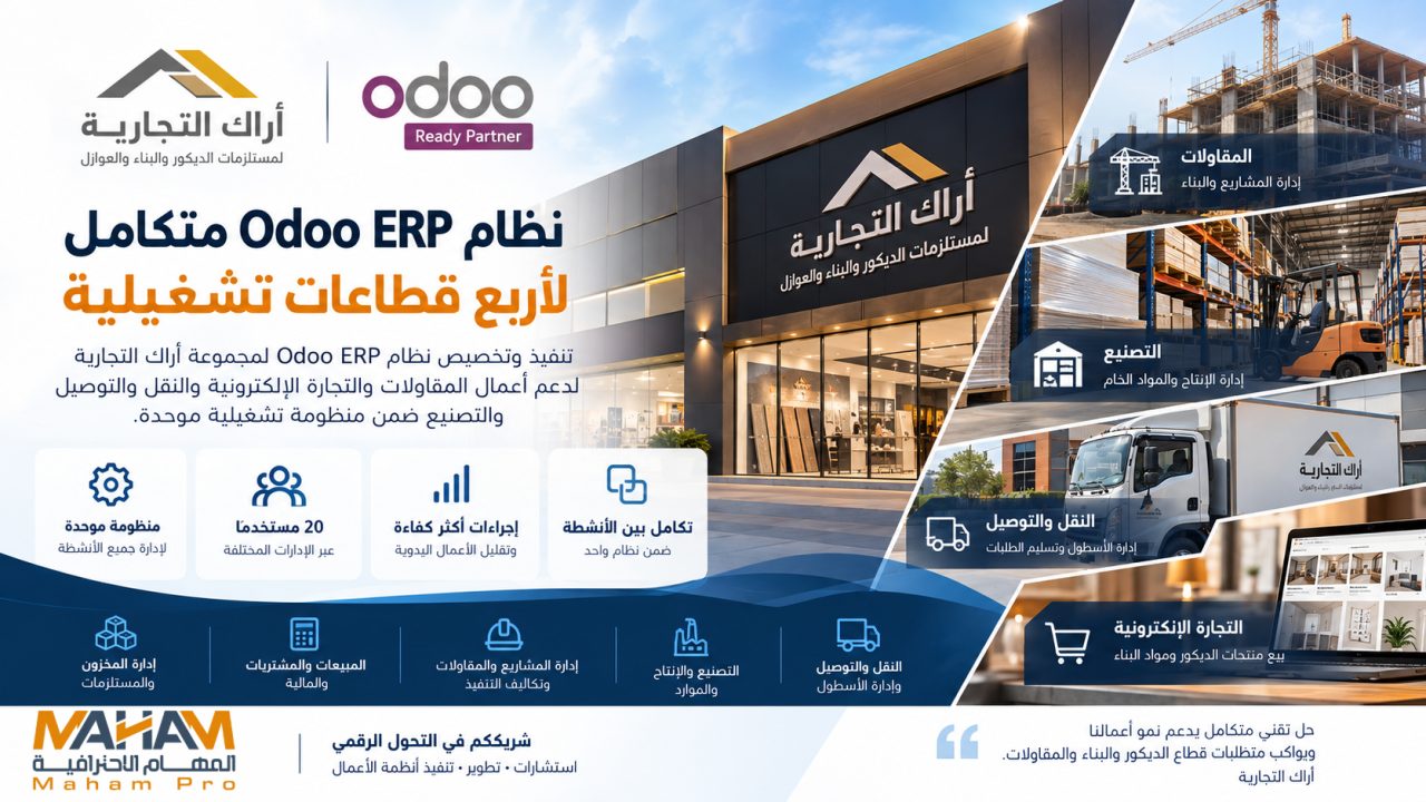 تنفيذ وتخصيص Odoo ERP لمجموعة أراك التجارية